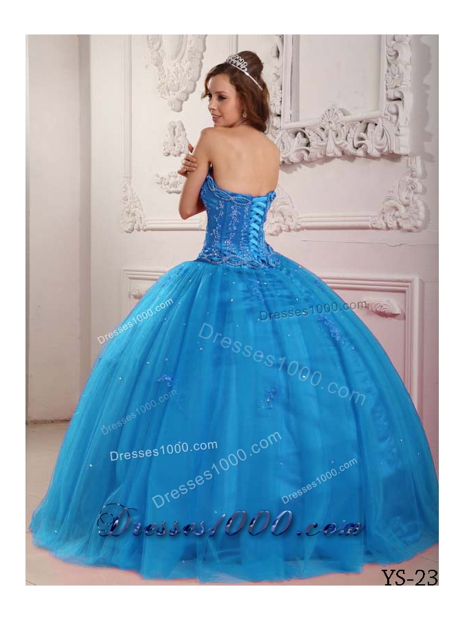 Elegant 2014 Teal Puffy Quinceanera Dress with Appliques and Beading