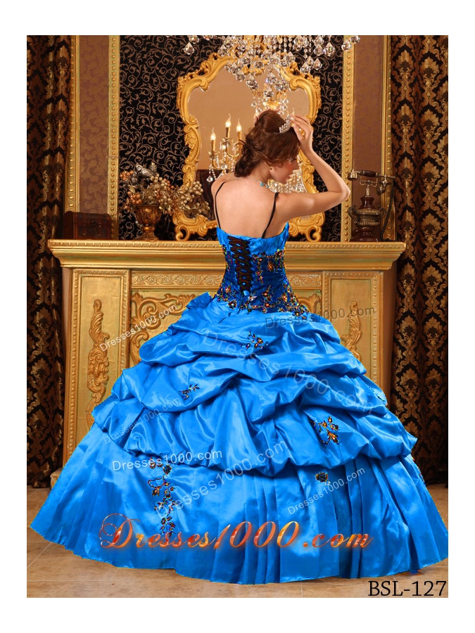 Elegant Blue Puffy Straps For 2014 Appliques Quinceanera Dress