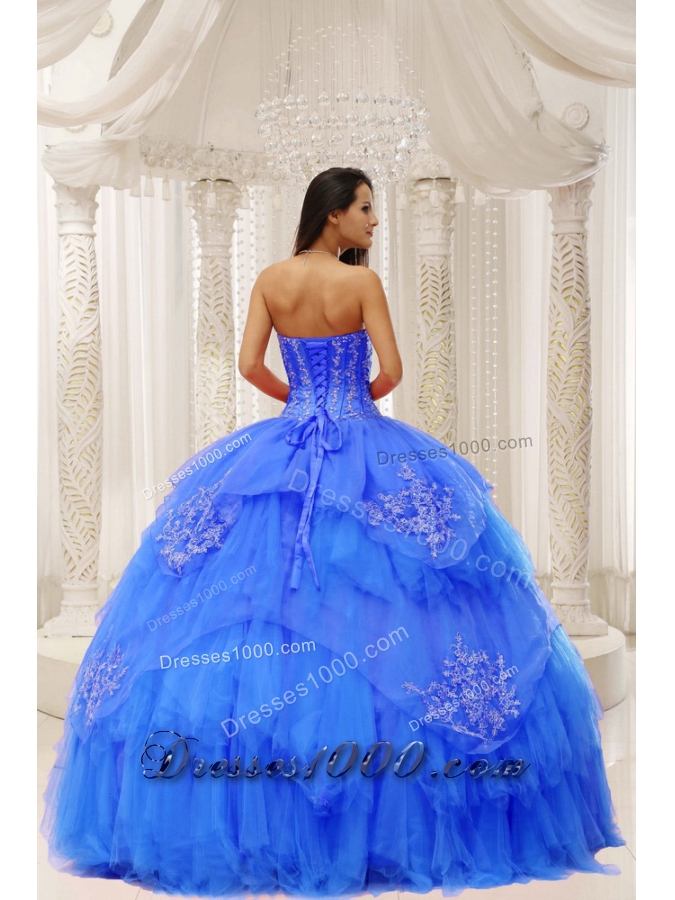 Custom Made Aqua Blue Sweetheart Ruffles and Embroidery For Quinceanera Wear In 2014
