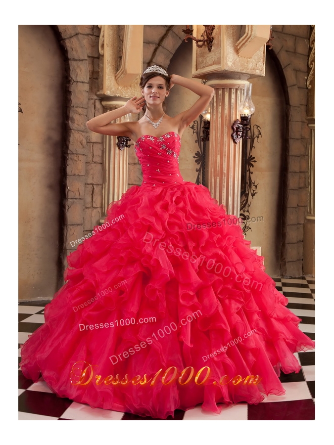 Coral Red Quinceanera Dress Sweetheart Puffy Ball Gown