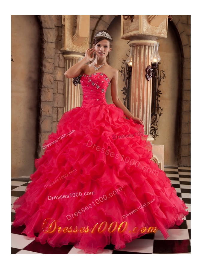 Coral Red Quinceanera Dress Sweetheart Puffy Ball Gown