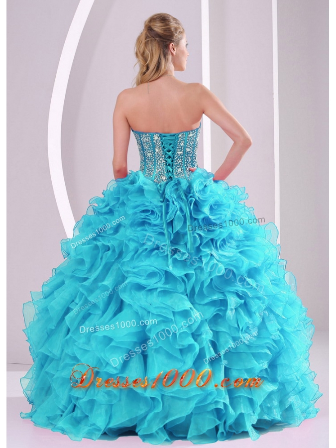 Blue Sweetheart Ruffles and Beaded Decorate Sleeveless Quinceanera Gowns