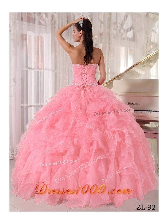 Pink Ball Gown Strapless Floor-length Organza Beading Quinceanera Dress