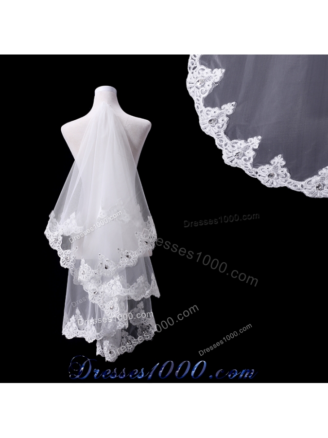 2014 Two-Tier Tulle Lace Appliques Edge Bridal Veils