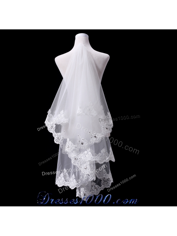 2014 Two-Tier Tulle Lace Appliques Edge Bridal Veils