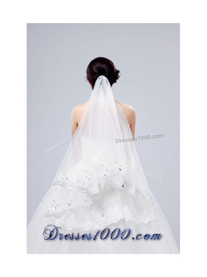 2014 Two-Tier Tulle Lace Appliques Edge Bridal Veils