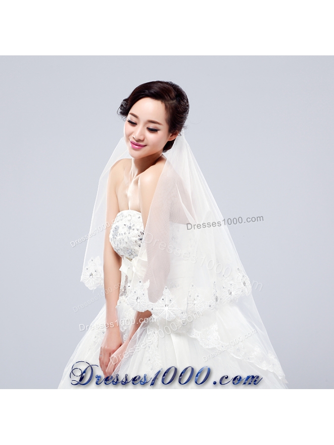 2014 Two-Tier Tulle Lace Appliques Edge Bridal Veils