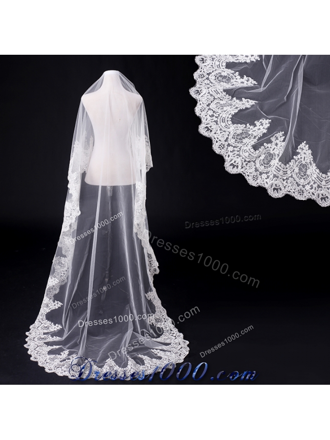 One-Tier Drop Veil Bridal Veils with Lace Appliques Edge