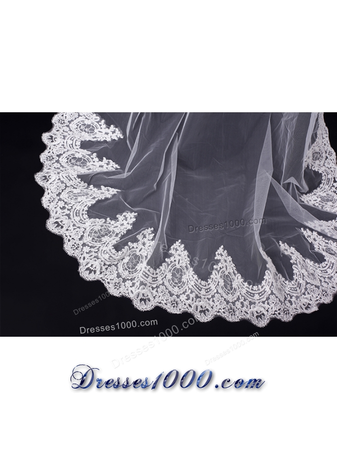 One-Tier Drop Veil Bridal Veils with Lace Appliques Edge