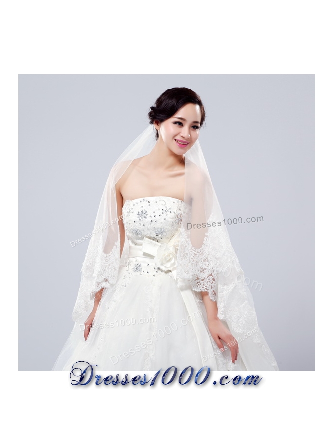 One-Tier Drop Veil Bridal Veils with Lace Appliques Edge