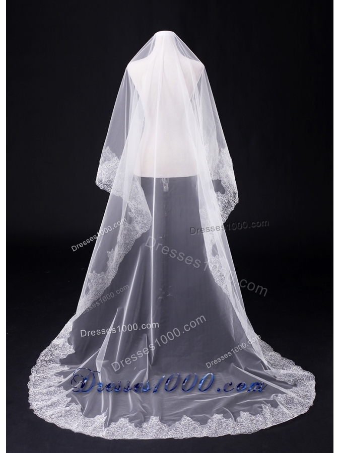 2014 One-Tier Tulle Lace Drop Veil Edge Bridal Veils