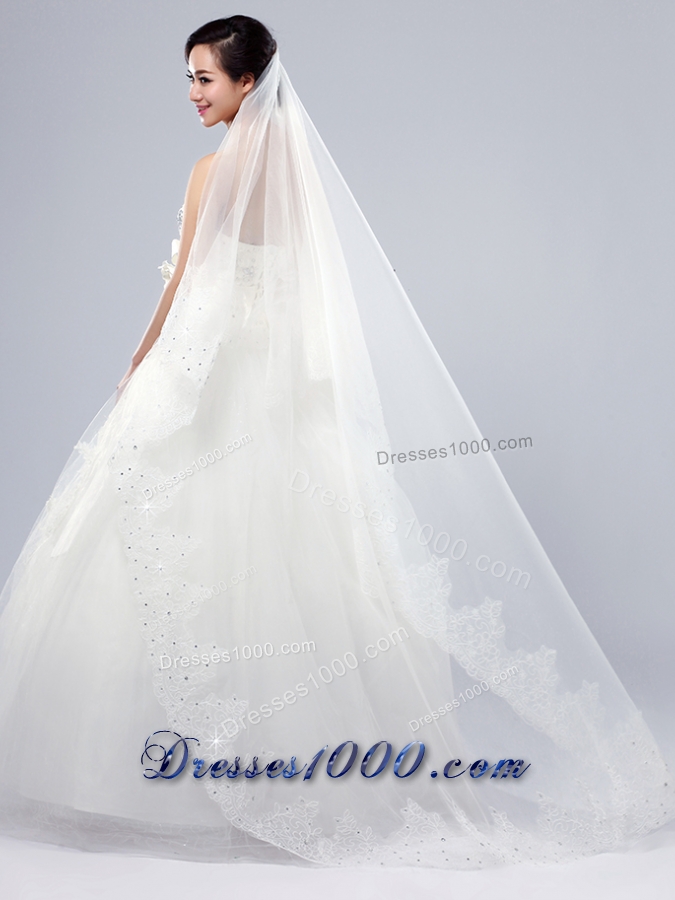 2014 One-Tier Tulle Lace Drop Veil Edge Bridal Veils