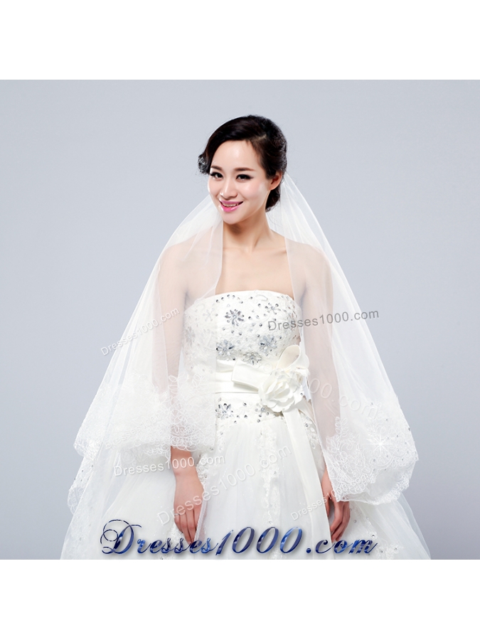 2014 One-Tier Tulle Lace Drop Veil Edge Bridal Veils