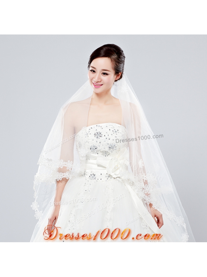 2014 Two-Tier Tulle Elbow Veils with Lace Edge