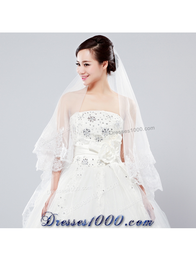 Two-Tier Tulle White Bridal Veils with Lace Edge