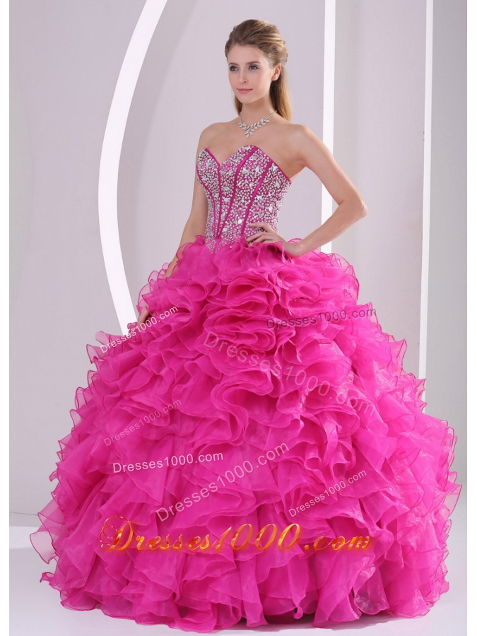 2015 Fuchsia Ruffles Ball Gown Sweetheart Beaded Decorate Quinceanera Gowns