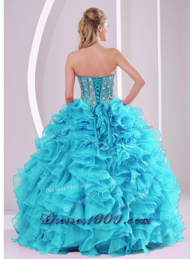 Blue Sweetheart Ruffles and Beaded Decorate Sleeveless Quinceanera Gowns