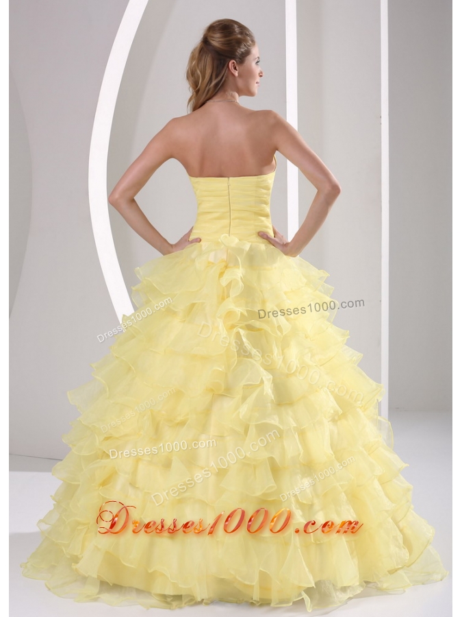 Light Yellow Ruffles Sweetheart Appliques and Ruch Quinceaners Gowns For Military Ball