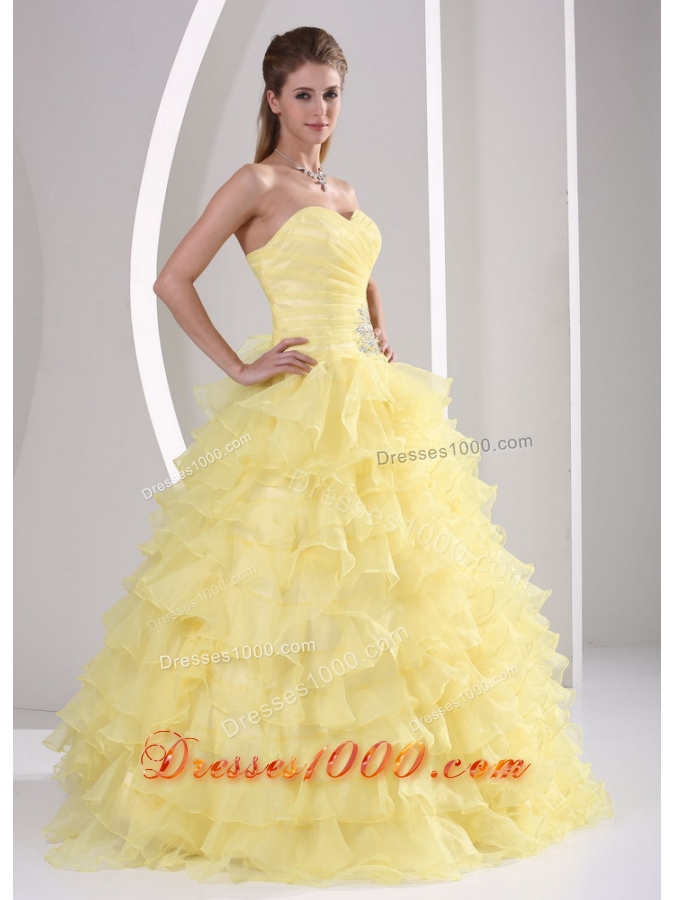 Light Yellow Ruffles Sweetheart Appliques and Ruch Quinceaners Gowns For Military Ball