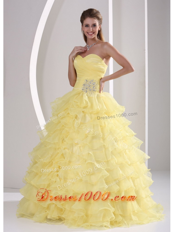 Light Yellow Ruffles Sweetheart Appliques and Ruch Quinceaners Gowns For Military Ball