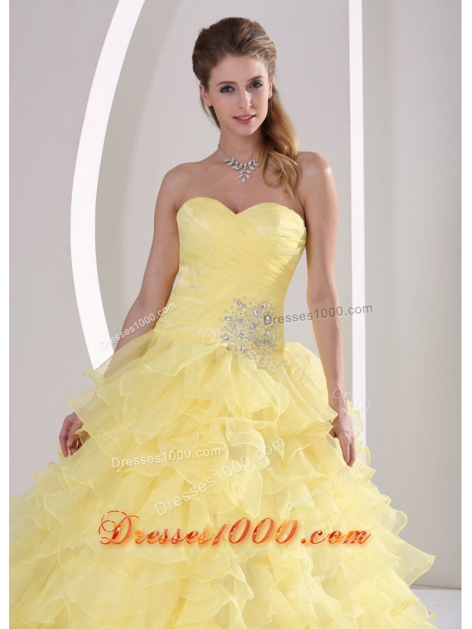 Light Yellow Ruffles Sweetheart Appliques and Ruch Quinceaners Gowns For Military Ball