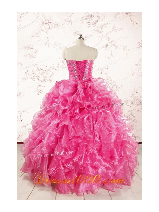 2015 Pretty Hot Pink Quinceanera Dresses with Appliques and Ruffles