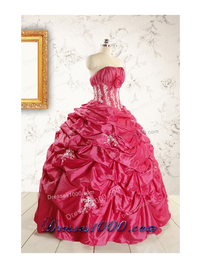 Cheap Appliques Coral Red Quinceanera Dress with Strapless
