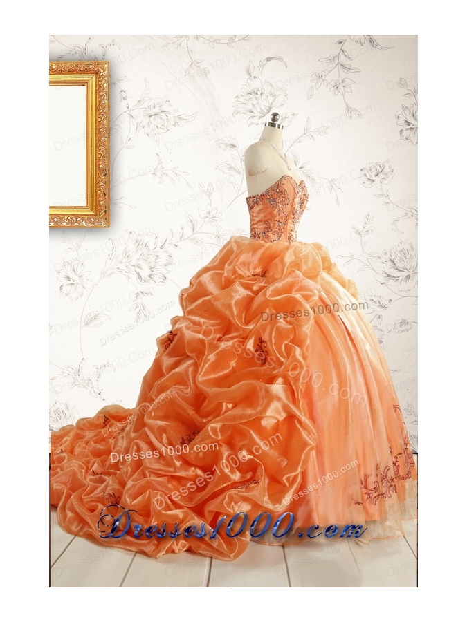 Unique Appliques Brush Train Quinceanera Dresses in Orange