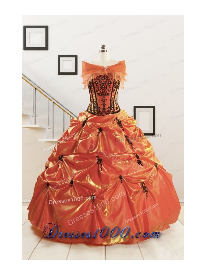 2015 Cheap Appliques Quinceanera Dresses in Orange Red and Black