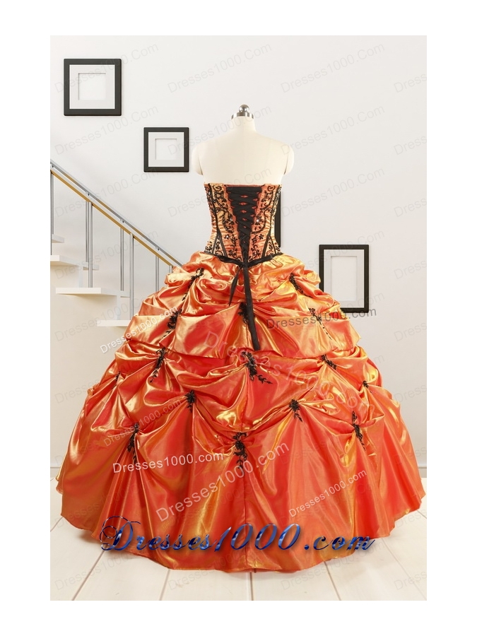 2015 Cheap Appliques Quinceanera Dresses in Orange Red and Black