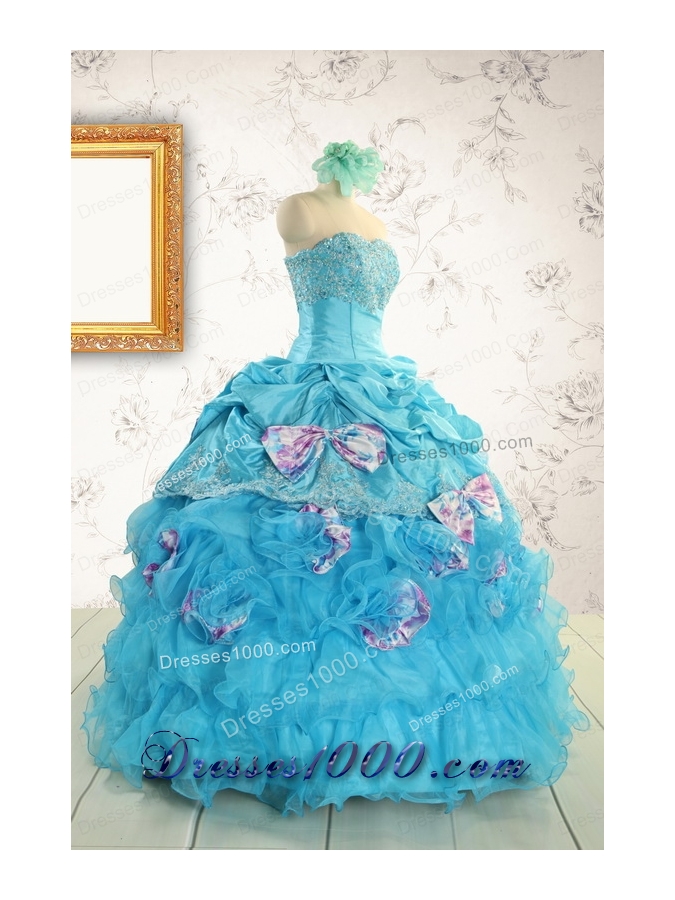 2015 Cheap Aqua Blue Appliques Quinceanera Dresses with Appliques