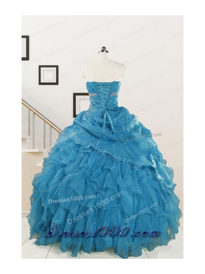2015 Elegant Strapless Blue Quinceanera Dresses with Beading and Ruffles