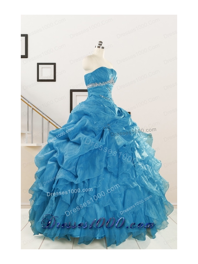 2015 Elegant Strapless Blue Quinceanera Dresses with Beading and Ruffles