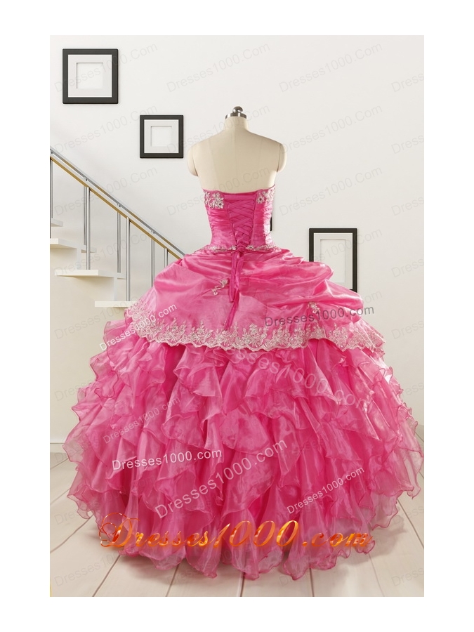 2015 Pretty Appliques and Ruffles Quinceanera Gowns in Hot Pink