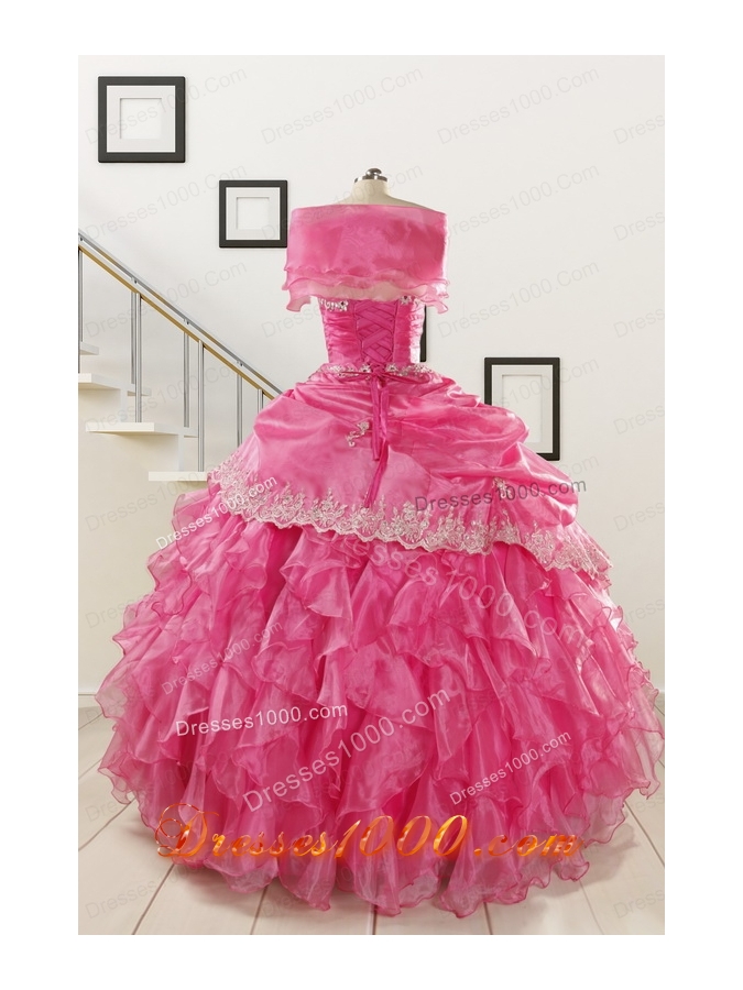 2015 Pretty Appliques and Ruffles Quinceanera Gowns in Hot Pink
