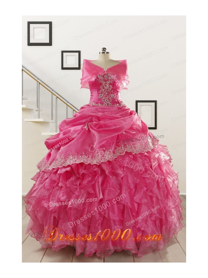 2015 Pretty Appliques and Ruffles Quinceanera Gowns in Hot Pink
