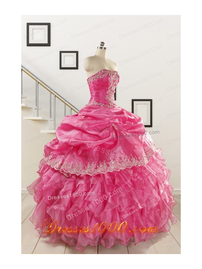 2015 Pretty Appliques and Ruffles Quinceanera Gowns in Hot Pink