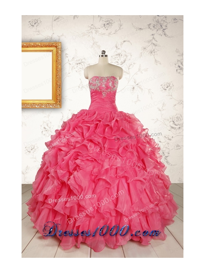 2015 Pretty Beading and Ruffles Red Quinceanera Dresses with Strapless