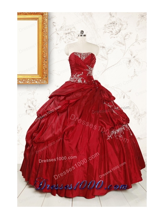 Ball Gown Sweetheart Appliques 2015 Quinceanera Dress in Wine Red