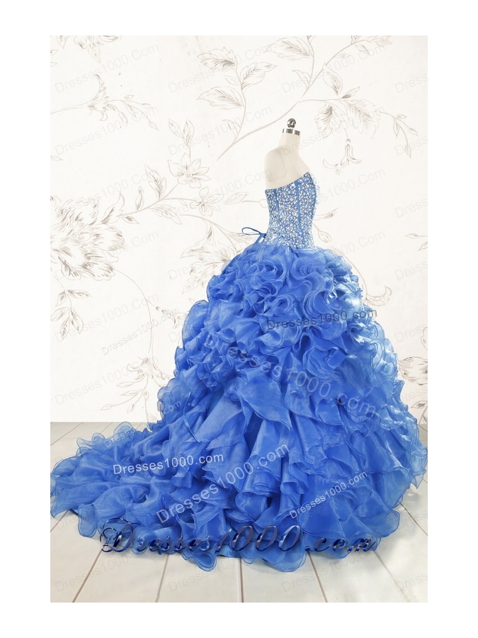 Hot Sale Beading Royal Blue Sweet 15 Dresses with Sweep Train