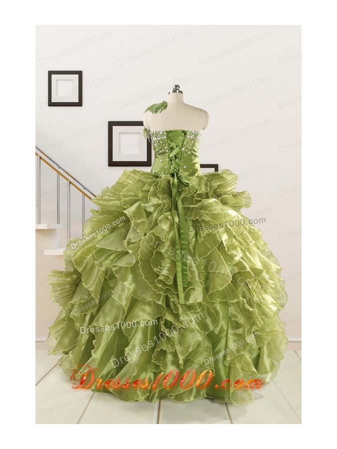 Inexpensive Olive Green Dresses for Quince with Beading and Ruffles