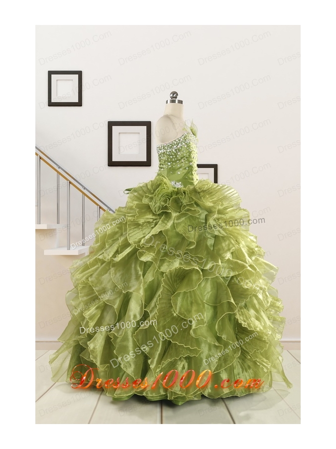 Inexpensive Olive Green Dresses for Quince with Beading and Ruffles