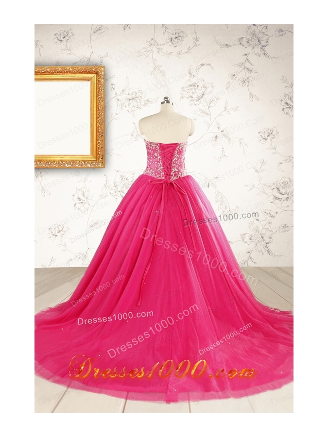 2015 Beautiful Hot Pink Quinceanera Dresses with Beading and Appliques