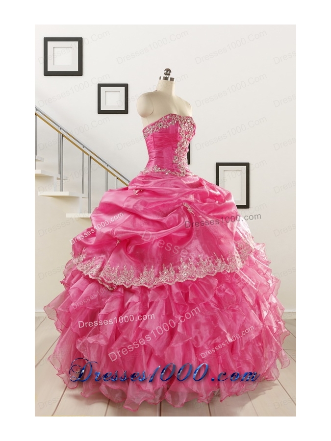 2015 Elegant Appliques and Ruffles Quinceanera Gowns in Hot Pink
