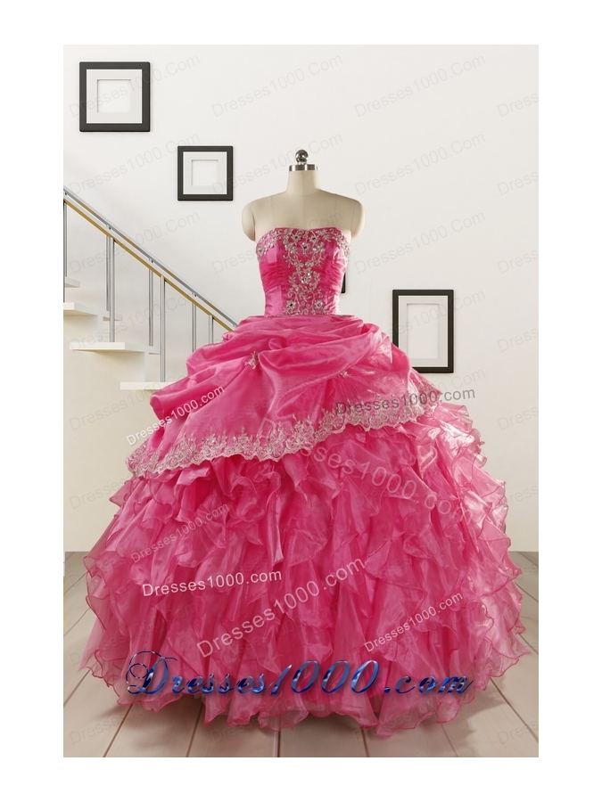 2015 Elegant Appliques and Ruffles Quinceanera Gowns in Hot Pink