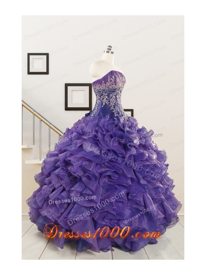 2015 Prefect Purple Sweet 15 Dresses with Embroidery and Ruffles