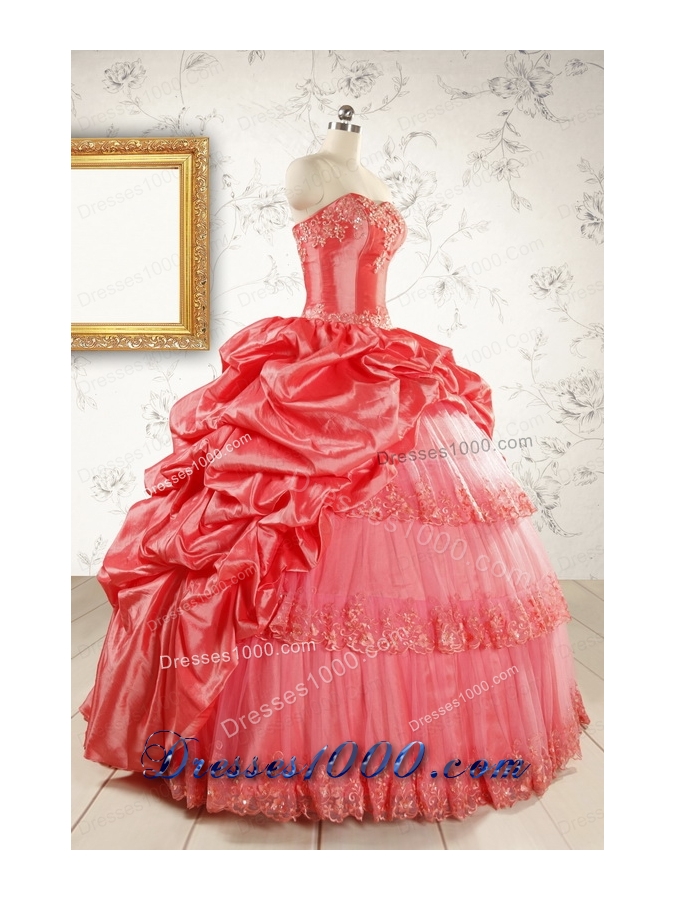 2015 Puffy Appliques Watermelon Quinceanera Dresses with Strapless