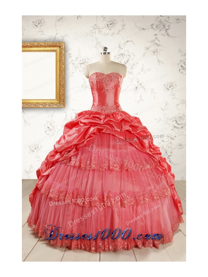 2015 Puffy Appliques Watermelon Quinceanera Dresses with Strapless