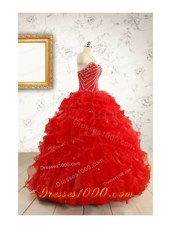 Exquisite Beading and Ruffles Red Quinceanera Gowns with Wrap for 2015