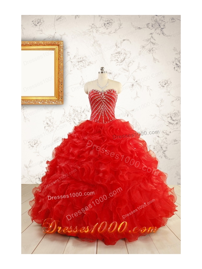 Exquisite Beading and Ruffles Red Quinceanera Gowns with Wrap for 2015